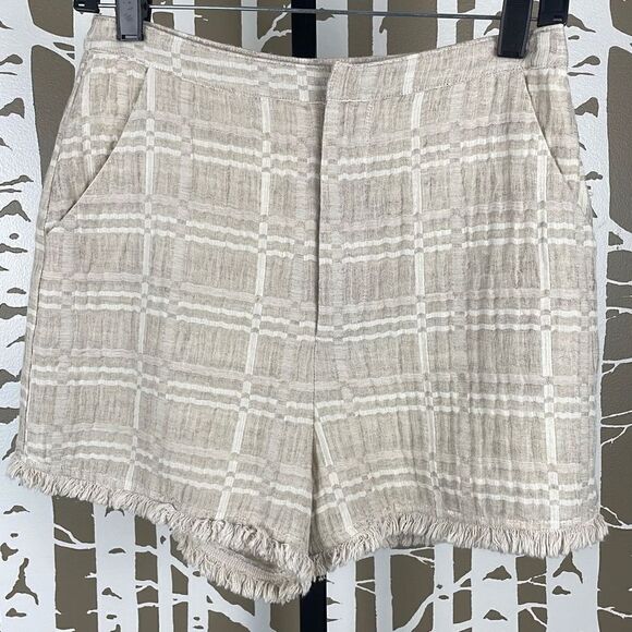 Honey Belle Linen High Waist Fringe Hem Window Pane Plaid Shorts S - Picture 1 of 9